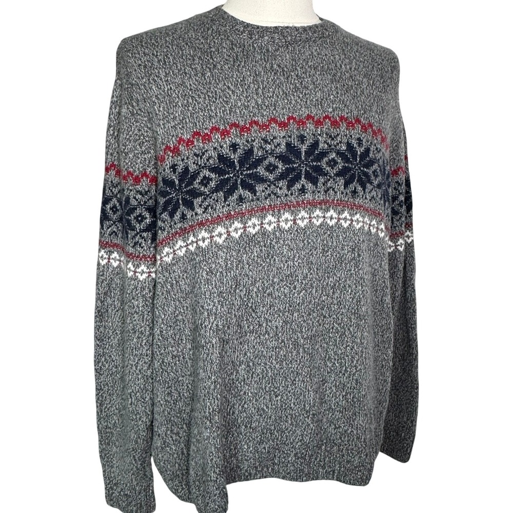 ABERCROMBIE & FITCH Men's XXL Grey Navy Blue Red Snowflake Fair Isle Sweater